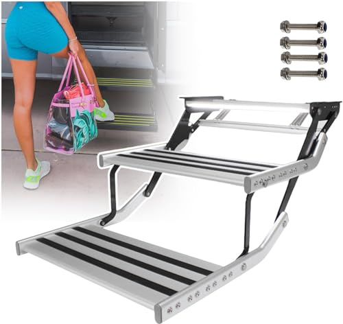 Marchepied électrique robuste en alliage d'aluminium avec lumière LED – Escalier de caravane pliable automatique avec interrupteur de contrôle pour remorques et camping-cars