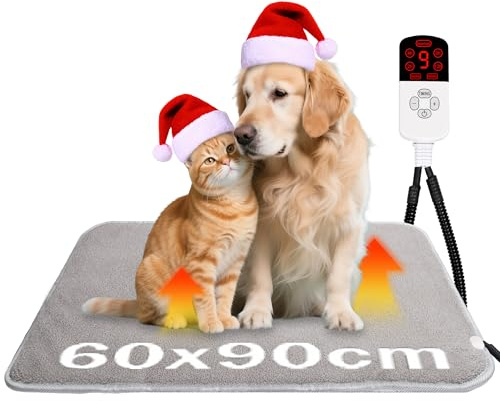 SROCHN Pet Heating Pad 60 x 90 cm, 4 Adjustable Timer (2-12H)& 9 Adjustable Temperature (20-55°C), Waterproof Heating Pad Pet Indoor Double-Sided Heating Blanket for Cat Dog