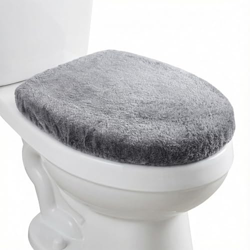 1 PCS Toilet Seat Lid Cover Microfiber Soft Velvet Toilet Cover Durable Adjustable Stretch Fuzzy Seat Covers with Elastic Bottom Absorbent Machine Washable Comfortable for Most Toilets Lids(Gray)