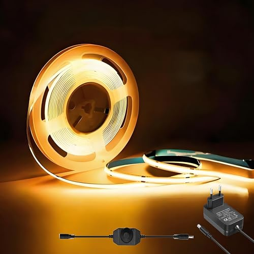 AebeChun COB LED Streifen 2M, Warmweiss 3000K LED Streifen Dimmbar mit Netzteil und Dimmer, 8mm Breite, CRI92, Lichtband Led Selbstklebend für Unterbau, TV Küche Wohnzimmer DIY