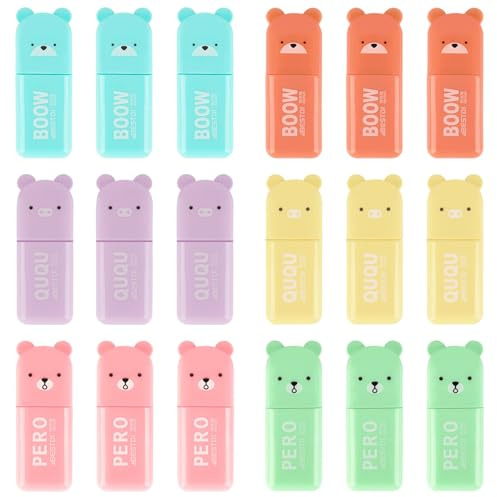ktxaby 18 Stück Mini Marker mit Kaninchen Bären Motiv,ästhetische Marker,Macaron Farben Textmarker,Keilspitze Marker für Schule,Studium, Notizen,Büro(6 Farben