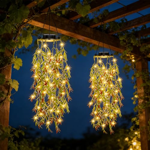 2 Pack Hanging Solar Lights Outdoor Garden, 93CM Hanging Fake Plants Willow Leaf 66 LED Fairy Lights, IP65 Waterproof Solar Fairy Lights Outdoor Garden for Wedding Patio Yard Porch Courtyard