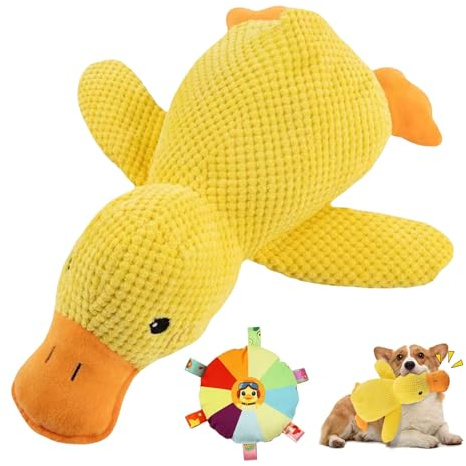Juguete calmante de pato con disco volador para perro, juguete interactivo de peluche para limpieza de dientes, juguete de pato amarillo calmante para perros ansiosos, almohada calmante para perros