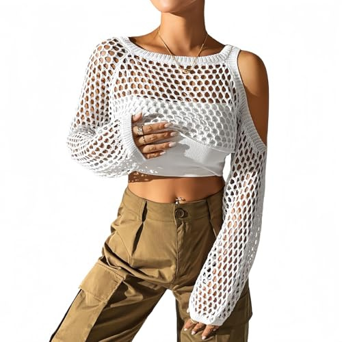 MANJIAMEI Boléro Manches Longues pour Femme, Top en Résille Court épaules Nues Couverture Ajourée Tricotée Bolero en Maille pour Tenue de Disco Carnaval Festival de Musique et Club