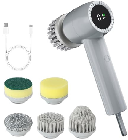 Smyeviva Electric Spin Scrubber Cordless, 5 In 1 Waterproof Cordless Electric Cleaning Brush with LED Display, Floor Scrubber With 2 Speeds 5 Brush Heads for Bathroom Tub Wall Kitchen Tile Car(Grey)