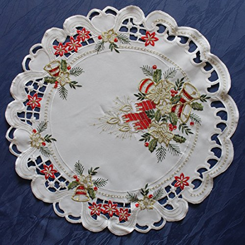 Anka Textil Weihnachts-Tischdecke Tischläufer Mitteldecke Tisch-Deckchen mit Weihnachtskerzen Motiven Stickerei Weihnachtsdeko Weiß-Rot Größenwahl (60cm Rund)