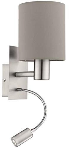 Eglo Pasteri 2-Bulb LED Fabric Wall Lamp, Steel and Fabric Bedside Light Coloured in Nickel Matt and Taupe, E27 Socket, incl. Switch and Flexible Reading Light