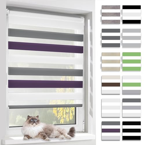 BelleMax Doppelrollo Klemmfix ohne Bohren & mit Bohren, Weiß Lila Anthrazit 80x150cm (BxH), Duo Rollo, Sonnenschutz lichtdurchlässig Blickdicht, Klemmrollo Fensterrollo, Rollos für Fenster und Tür