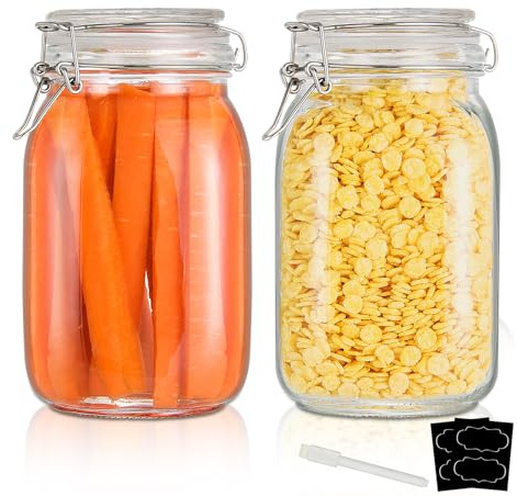 YEBODA 48oz Food Storage Canister Glass Jars with Clamp Airtight Lids and Silicone Gaskets for Multi-Purpose Kitchen Containers - Clear Square (2 Pack)