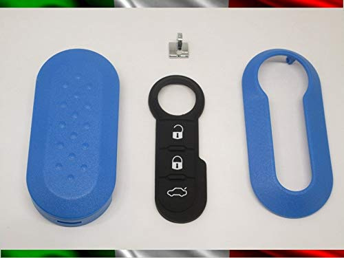 TOPBEST Cover Chiave Guscio + Tasti Tastini in Gomma + Gancio Portachiavi Compatibile con Fiat 500 Grande Punto Evo Bravo Panda 500l Lancia Y Ypsilon Musa Delta Scocca Azzurro