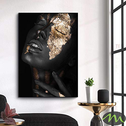Rumlly Leinwand Wandkunst Porträt Leinwand Malerei Schwarze Frau Mit Blattgold Bild Wandkunst Poster Und Drucke Für Wohnzimmer Dekoration-50x70cm Kein Rahmen