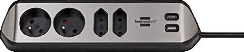Brennenstuhl®Estilo Steckdosenleiste mit 4 Steckdosen (Tischleistenleiste mit Edelstahloberfläche für Küche und Büro, inkl. USB-Ladefunktion) Silber/s