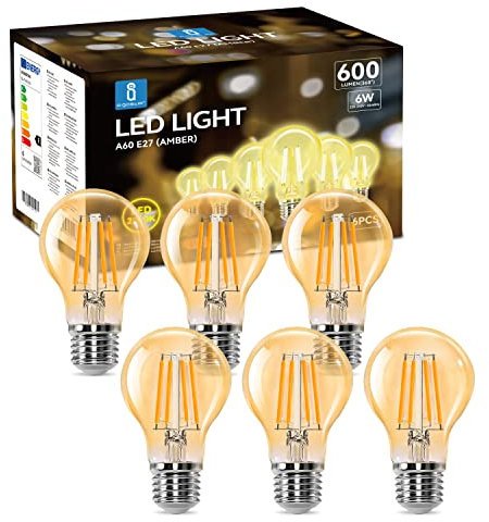 Aigostar LED E27 Vintage Glühbirne 6W (Ersetzt 48W), 600 Lumen, Warmweiss 2200K, Abstrahlwinkel 330°, A60 Edison Lampe Filament Retro Bernstein Flimmerfrei, CRI>80, 6 Stück