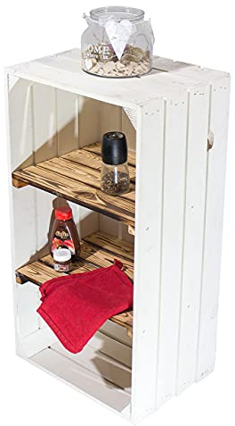 Truhenking Schmale Regalkiste mit 2 Böden I Bücher, Schuhe, Geschirr I Holzregal | Küchenregal Hochformat 2 Regalböden (Weiß/Geflammt 68x40x31cm)