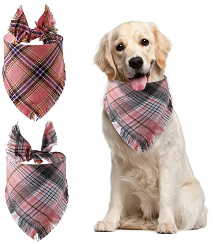 HACRAHO Plaid Hundehalstücher, 2 Packungen, Rosa, wendbar, dreieckig, mit Quasten, Kanten, waschbar, für Hunde und Katzen