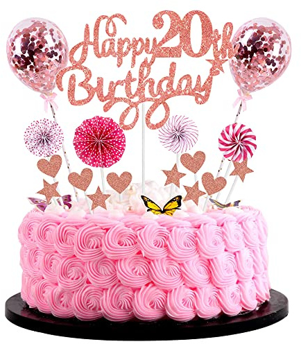 Cnrose Tortendeko 20. Geburtstag Hello 20 Cake Topper Rosegold mit Herz Stern Ballon Kuchendeko Happy 20th Birthday Tortendeko 20 Jahre Frau 20 Geburtstag Kuchen Deko