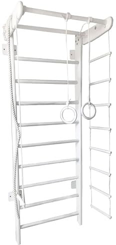 Sprossenwand Weiß Numi aus Holz Indoor + Turnringe | Klettergerüst | Kletternetz Stange