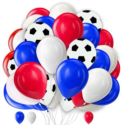 30 Pack Red, White & Blue Balloons with 12 Football Balloons for World Cup Parties Sports Birthday USA French Themed Party Decorations