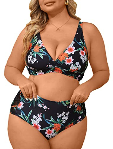 Yutdeng Tvådelad baddräkt Kvinnor Plus Size Baddräkter Mesh Sexig Bikini Hög Midja Reducerare Badset med Plus Size Bikini utan rygg, Grön, XL