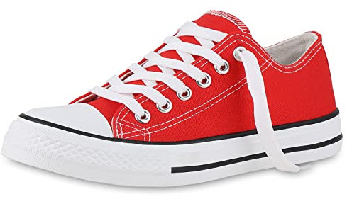 VAN HILL Damen Sneaker Low Bequeme Schnürschuhe Flache Freizeit Schuhe Schnürer Stoffschuhe 212553 Rot 36