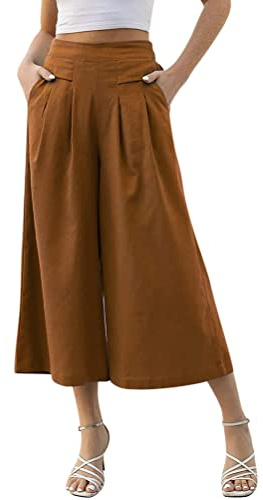 Onsoyours Pantalons Femme Fluide Large Grande Taille Eté Décontractée Pantacourt 7/8 Taille Élastique Jupe-Culotte Fluide Pantalon Ample Léger Chic avec Poches Sport Yoga A Marron XXL
