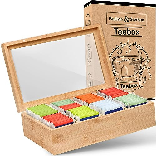 Paulson & Svenson - Nachhaltige Teebox mit 8 Fächern aus Holz - Teebeutelaufbewahrung luftdicht aus zertifiziertem Bambus - Tee Organizer mit Magnetverschluss und Glasdeckel - Teebeutel Aufbewahrung