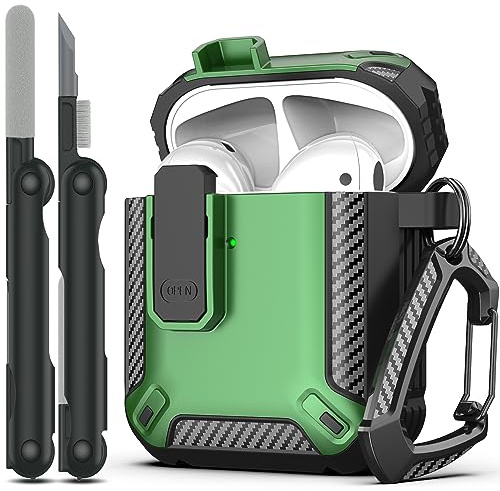 RFUNGUANGO Compatibile con AirPods Cover Custodia kit di pulizia, armatura protettiva militare con serratura Compatibile con custodia di ricarica AirPod Gen 1&2, Verde
