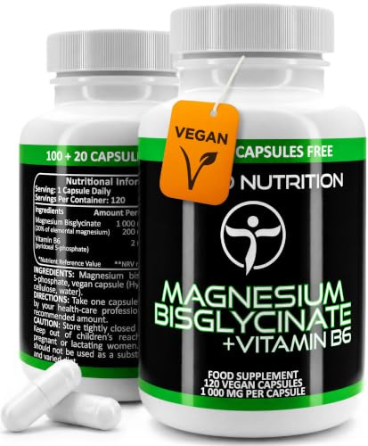 Magnesium Bisglycinat Vegan Kapseln und Vitamin B6 – 1000mg | 200mg Elementares Magnesium Bisglycinate + Vit B6 – 120 Stück (4 Monatsvorrat) an Schnell Auflösende Kapseln, mit je 200 mg Mineral Pulver