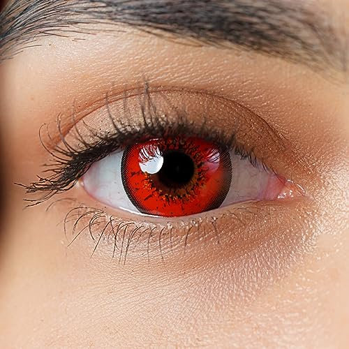 Kontaktlinsen farbig ohne Stärke rot | farbige rote crazy Jahreslinsen Anime | weiche Linsen Hydrogel | 2 Stück Farblinsen + Linsenbehälter | 0.0 Dioptrien | Fasching | Halloween | Charmiga Loco Red