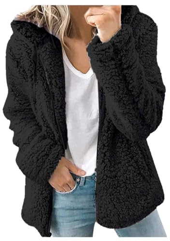 Archedeer fleecejacka dam med huva vinter varm supermjuk och bekväm flanell huvtröja teddyjacka sweatshirt dragkedja långärmade toppar topp kvinnor kappa huvjacka, svart, M