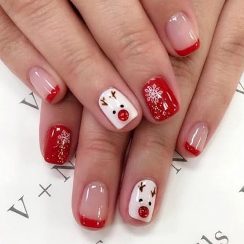Wedity Lot de 24 faux ongles de Noël mignons Père Noël, flocon de neige, élan, faux ongles courts à presser (B)