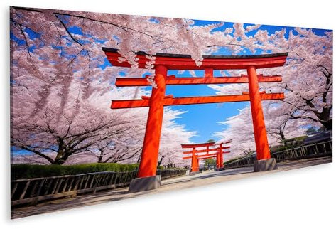 islandburner Tableau sur toile porte japonaise rouge torii rose fleurs de cerisier B images murales poster