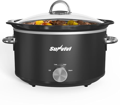Sunvivi Small Slow Cooker 4QT, Mini Food Warmer with 3 Heating Settings, Removable Ceramic Pot, Dishwasher Safe Glass Lid, Stainless Steel, Black