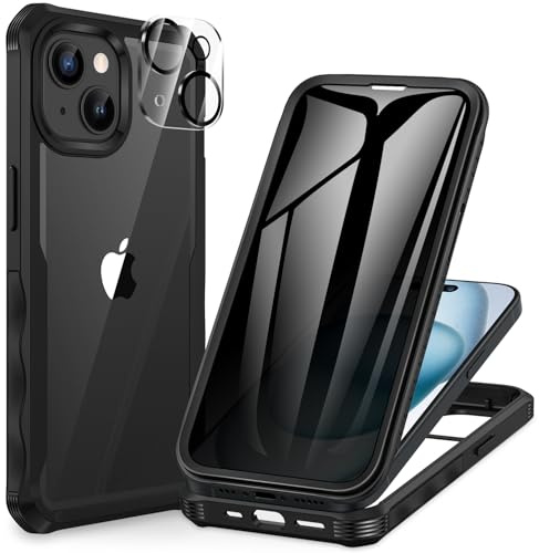 CENHUFO Compatible with iPhone 15 Case Built-in Privacy Screen Protector with Camera Lens Protector, 360 Full Body Protective Personal Privacy Case for iPhone 15 -Black