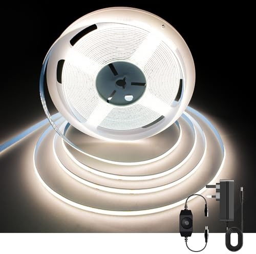 AXMOTUT Striscia LED COB 10 metri 24V, Striscia LED Bianco Naturale 4000K, 320LEDs/m, Larghezza 8mm, CRI90+, con Alimentatore, LED Striscia per Cucina, Soggiorno, Feste, Bar