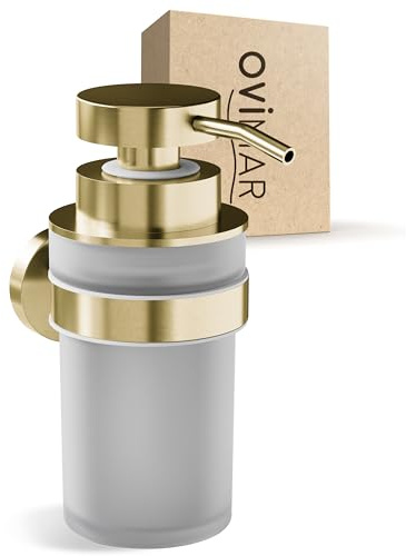 ovimar Distributore di sapone Akrasanden Gold | con supporto a parete per foratura | in acciaio inox e vetro | apertura extra large facile da riempire | per bagno o cucina | Dosatore disinfettante