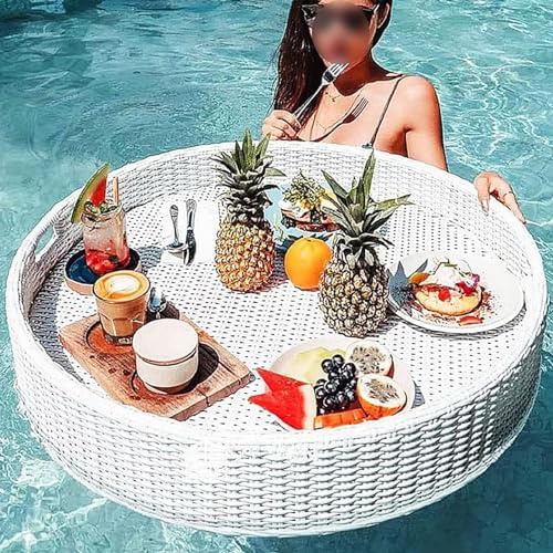 GALPBBCADE Schwimmendes Tablett für Pool Mode Runden Rattan Gewebtes Serviertablett Schwimmtablett für den Pool mit Griffen Servierbar Schwimm-Getränkehalter Salat Essen für Camping,A,80CM
