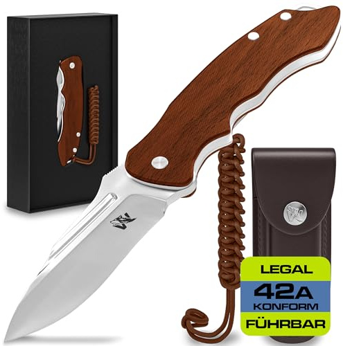 Wolfgangs FEROX Zweihandmesser aus D2 Stahl und Ebenholz-Griff - Legales Klappmesser für Outdoor und Survival - inkl. Leder Holster