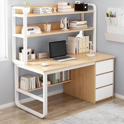 Schreibtisch,Home-Office-Schreibtisch mit Aufsatz und Bücherregal – Industrieller Schreibtisch für Zuhause und Büro mit 3 Schubladen – Computertisch