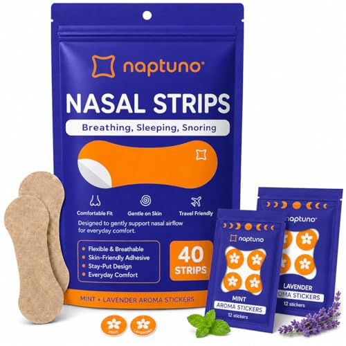 Naptuno Nasal Strips for Snoring Pack of 40, Nose Strips for Breathing Extra Strength for Enhanced Breathing, Restful Sleep and Comfort, Free Snoring Solution & Instant Nasal Congestion Relief