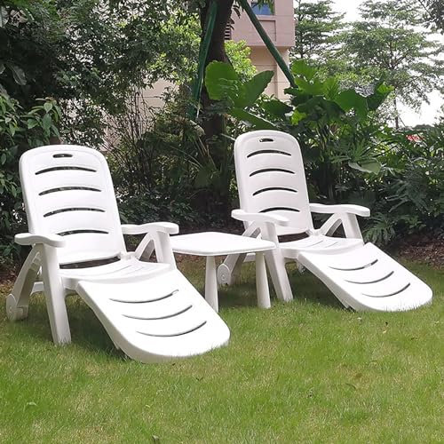Tdfersasdw 2er-Pack klappbarer Loungesessel aus Kunststoff, 5-Fach verstellbare Chaiselongue mit Rollen, Armlehne, Outdoor-Chaiselongue für Terrasse, Strand, Hinterhof, Pool, Zuhause,Weiß