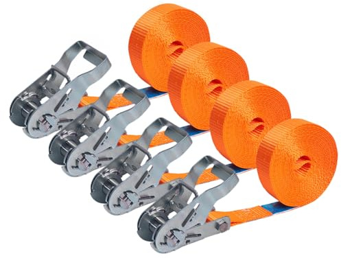 LOADCARE 4er Set 4m Spanngurt mit Ratsche Befestigungsgurt Schnellspanngurt 25mm breit Ratschenzurrgurtgurt einteiliger Zurrgurt 1000daN (orange)