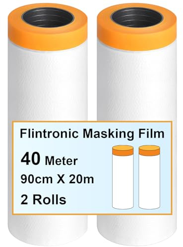 flintronic 2 Piezas 90cm*20m Cinta de Carrocero con Plastico, Cinta Enmascarar con Plastico, Plástico Cubretodo con Cinta de Carrocero, para Protector Pared Cubrir Muebles Pintor Película Antipolvo