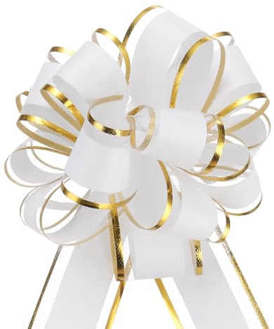 QUARKZMAN 5 Piezas de 4 Pulgadas de Gran Lazo de Tirar con Borde Dorado, Lazos de Organza para Envolver Regalos de Coche para Bodas, Cestas de Regalo, Lazos de Navidad, Blanco