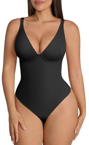 FeelinGirl Shapewear Bodysuits for Women Tummy Control Body Suits for Going Out Deep V Neck Thong Body Shaper, Black, XS