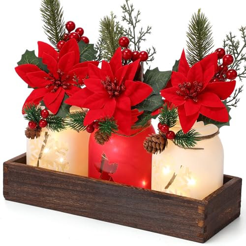 Tioncy Christmas Mason Jars Centerpiece Set Lighted Table Decoration Wood Tray with Hollow Jars LED Light Artificial Flowers Rustic Farmhouse Coffee Table Decoration for Living Room Home Xmas Party
