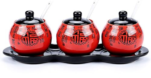 Juego de azucareros de porcelana china con tapa, azucarera roja y salero para cafetería, juego de 3 piezas para uso en restaurantes