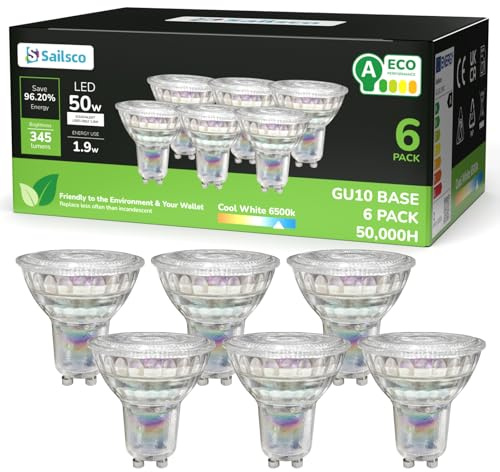 sailsco Classe A Ampoule GU10 LED Blanc Froid Spot,1.9W équivalent 50W,345LM 6500K Ampoule LED GU10 Blanc Froid,36° Angle Du Faisceau,Non-Dimmable,Verre,Lot de 6