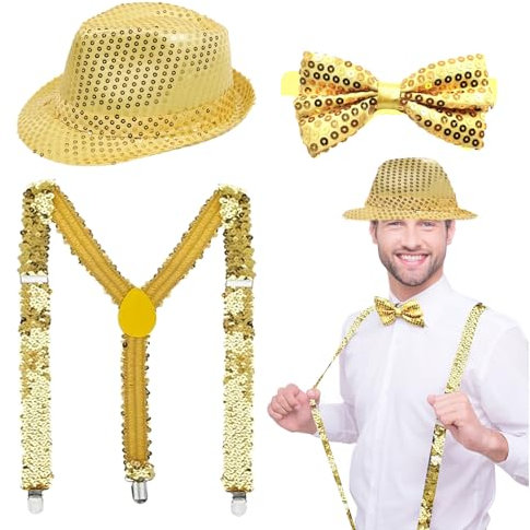EUPSIIU 3 Pièces Disco Déguisement Or Chapeau de Danse Jazz Paillette Accessoire pour Adulte Enfants, Année 70 Paillettes Chapeau Bretelles à Paillettes Noeud Papillon pour Halloween Fête à Thème
