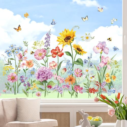 wondever Fensterbilder Garten Blumen Sonnenblume Iris Fenstersticker | Wiederverwendbar, Doppelseitig Statisch PVC Fensterdeko, Fenster Vogelschutz, Frühling Deko für Glas Tür Wohnzimmer Küche